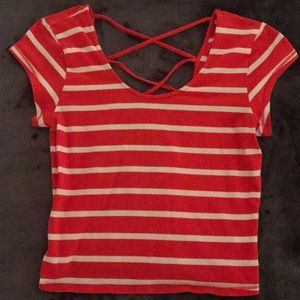 SM red and white stripped cross cross back shirt